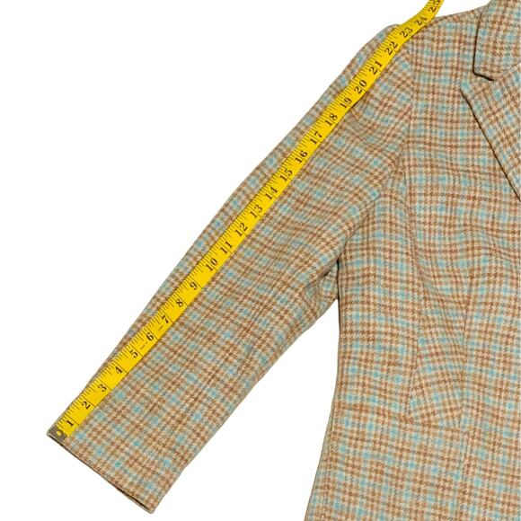 TALBOTS Petite 16P Wool Blend Checked Blazer Tan Teal 2 Metal Button Front - Picture 5 of 7